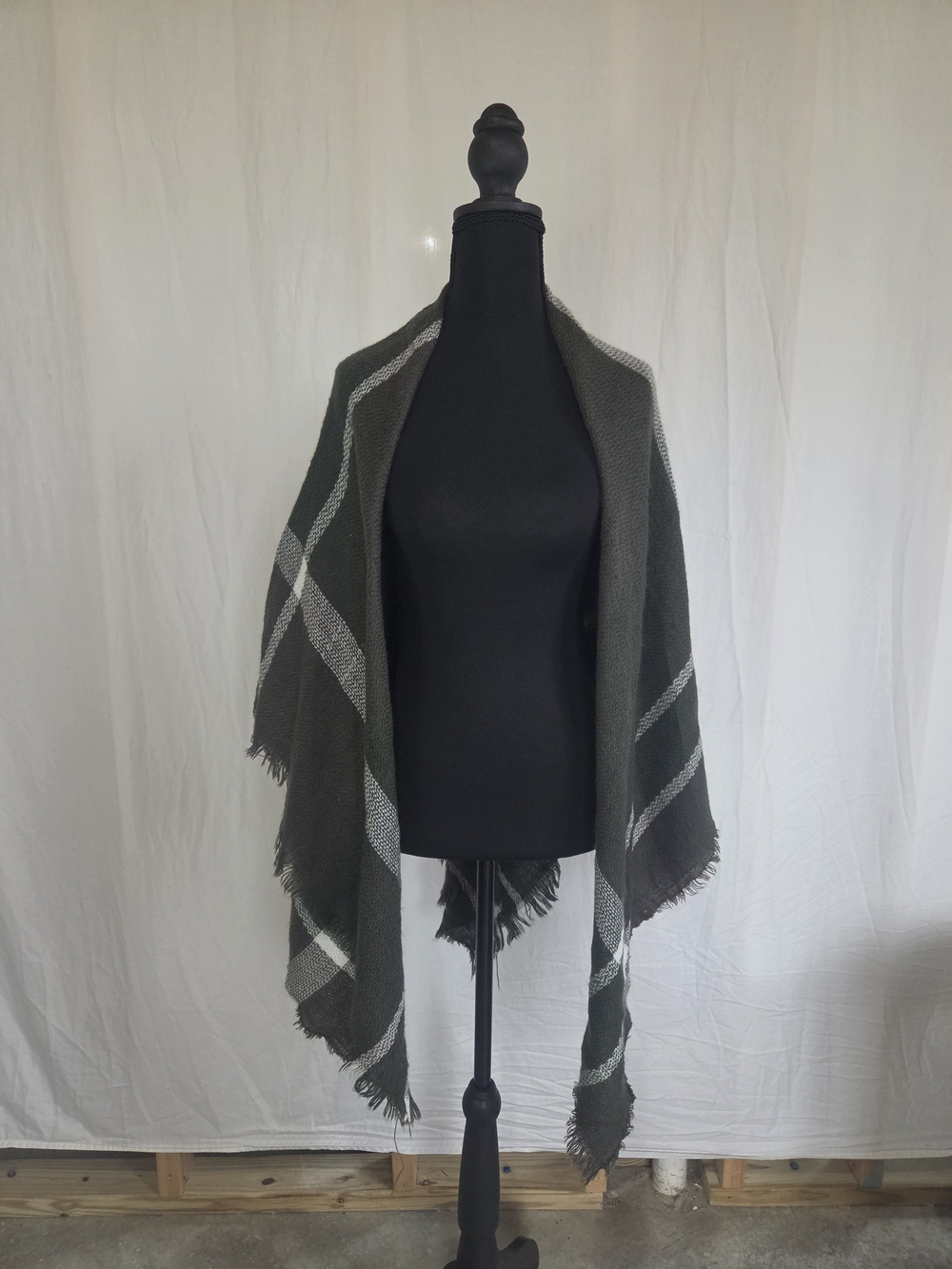 Olive Green Plaid Oversized Blanket Scarf Wrap Fringe